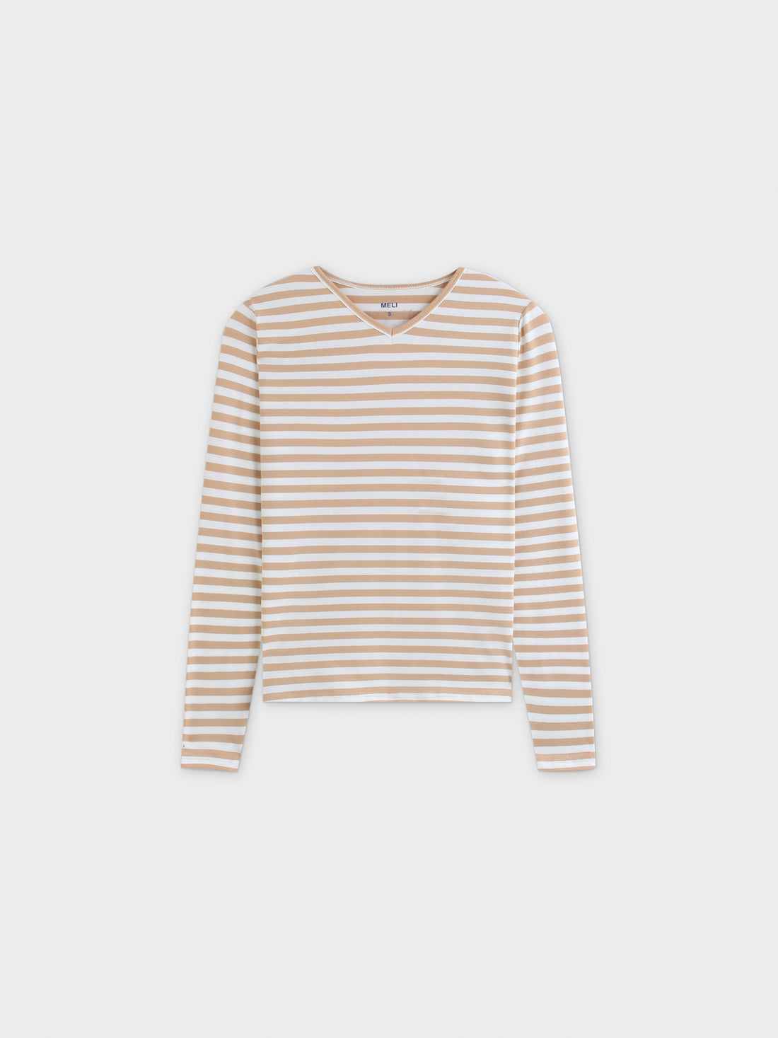 Thin Stripe High V Tee-Tan/White Stripe