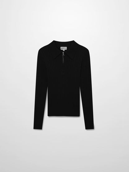 Leather Pull Half Zip Cable Polo-Black