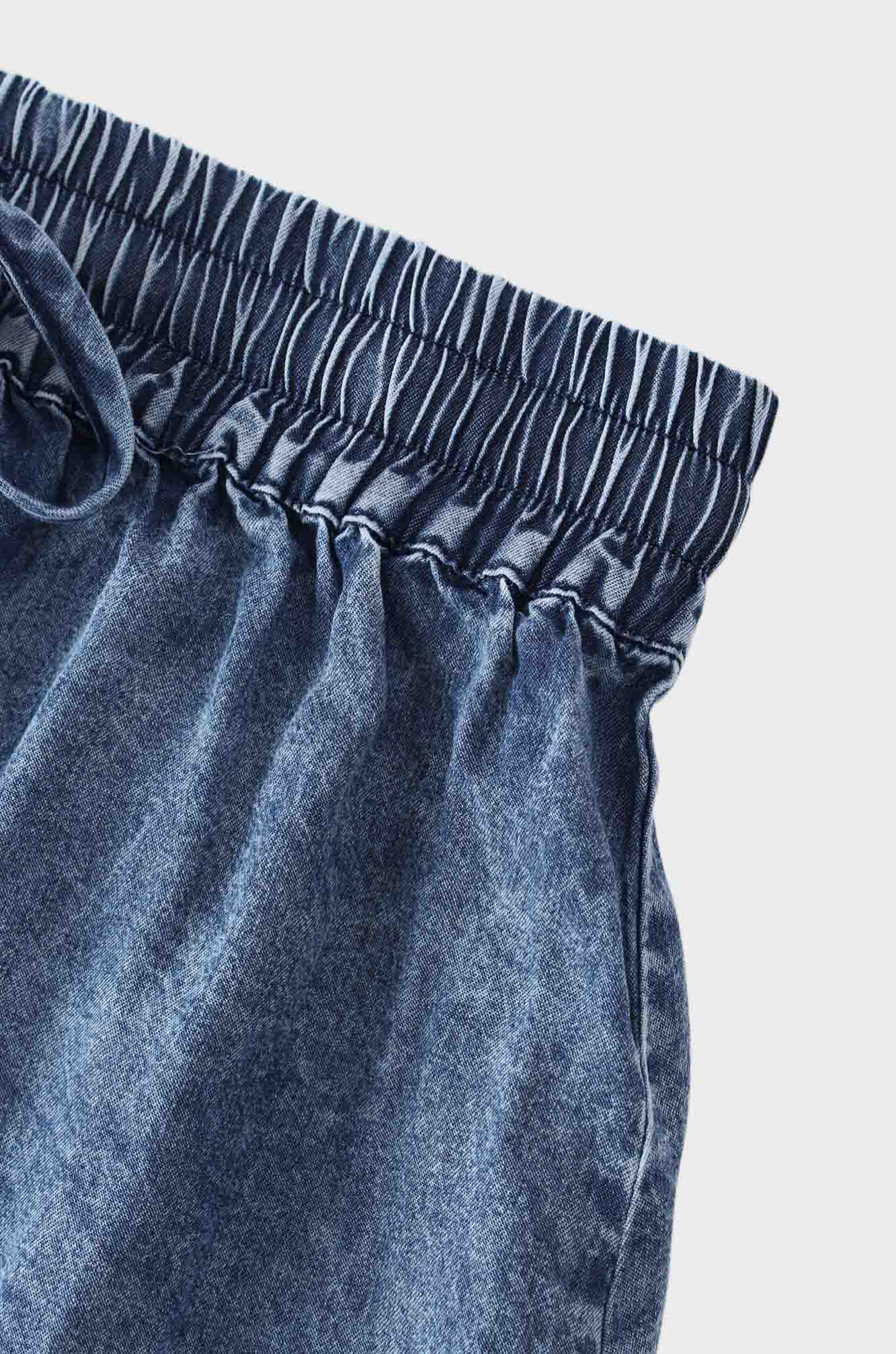 Washed Drawstring Denim Skirt-Blue