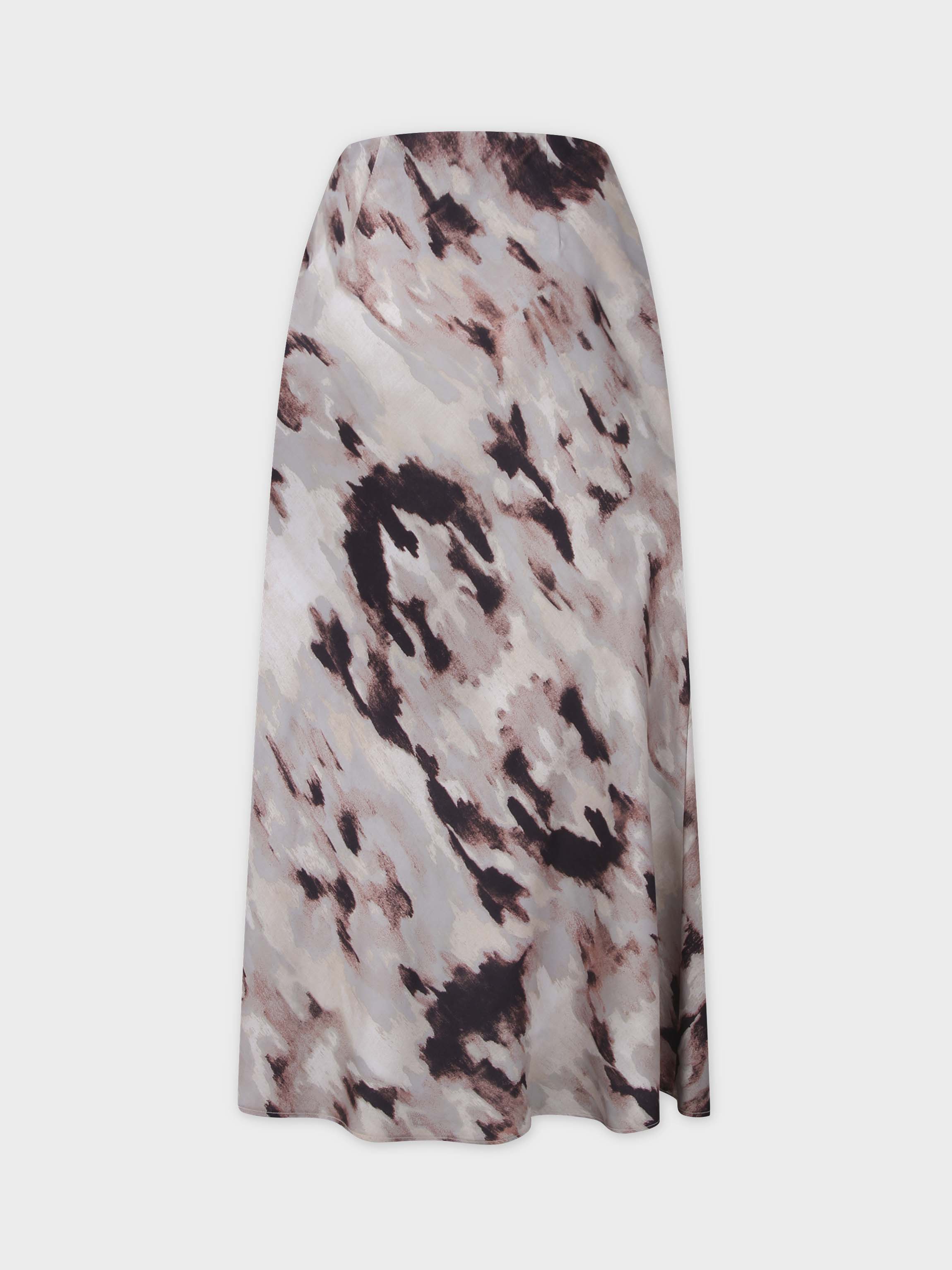 Printed Satin Slip Skirt-Brown Brushstrokes