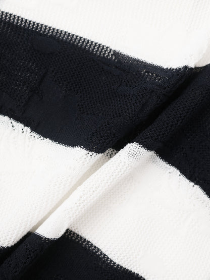 Mesh Floral Polo Top-Black/White Stripe