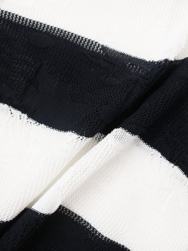 Mesh Floral Polo Top-Black/White Stripe