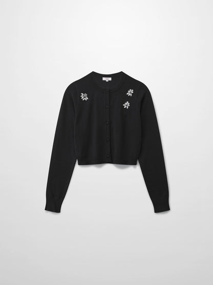 Embellished Cluster Crop Cardigan-Black