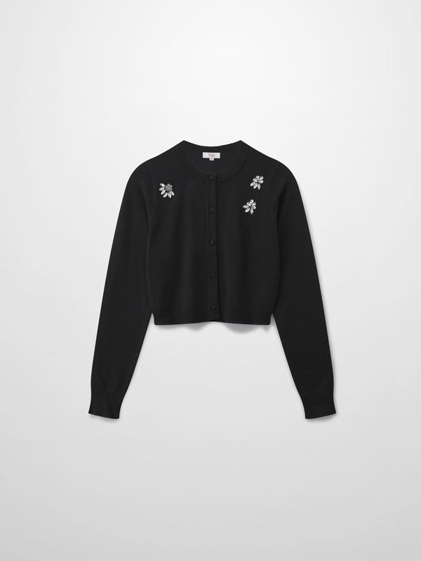 Embellished Cluster Crop Cardigan-Black