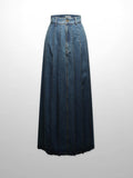 Stitched Pleated Denim Skirt-Blue