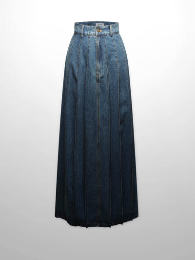 Stitched Pleated Denim Skirt-Blue