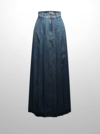 Stitched Pleated Denim Skirt-Blue