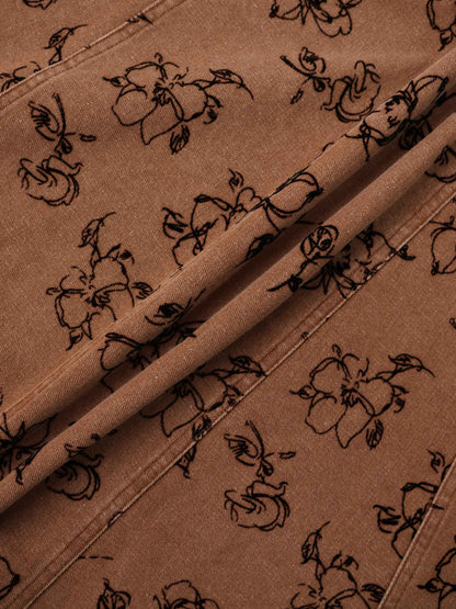 Printed Denim Flare Skirt - Brown/Black Floral