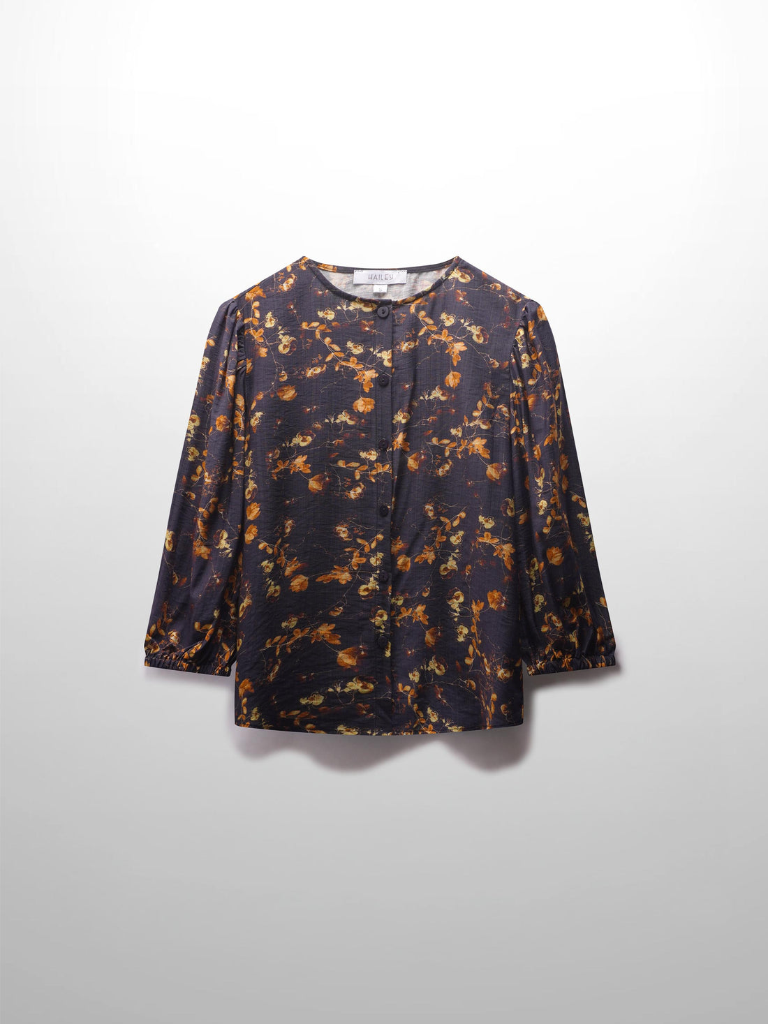 Puff Sleeve Button Down Blouse-Black/Gold Floral