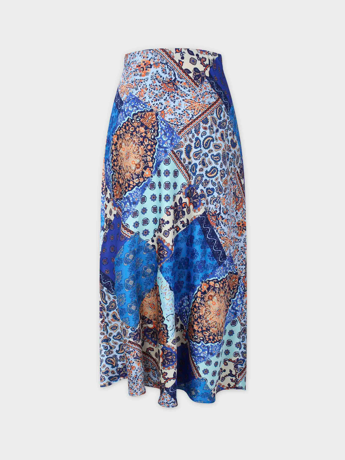 Printed Faux Satin Slip Skirt-Blue Bandana