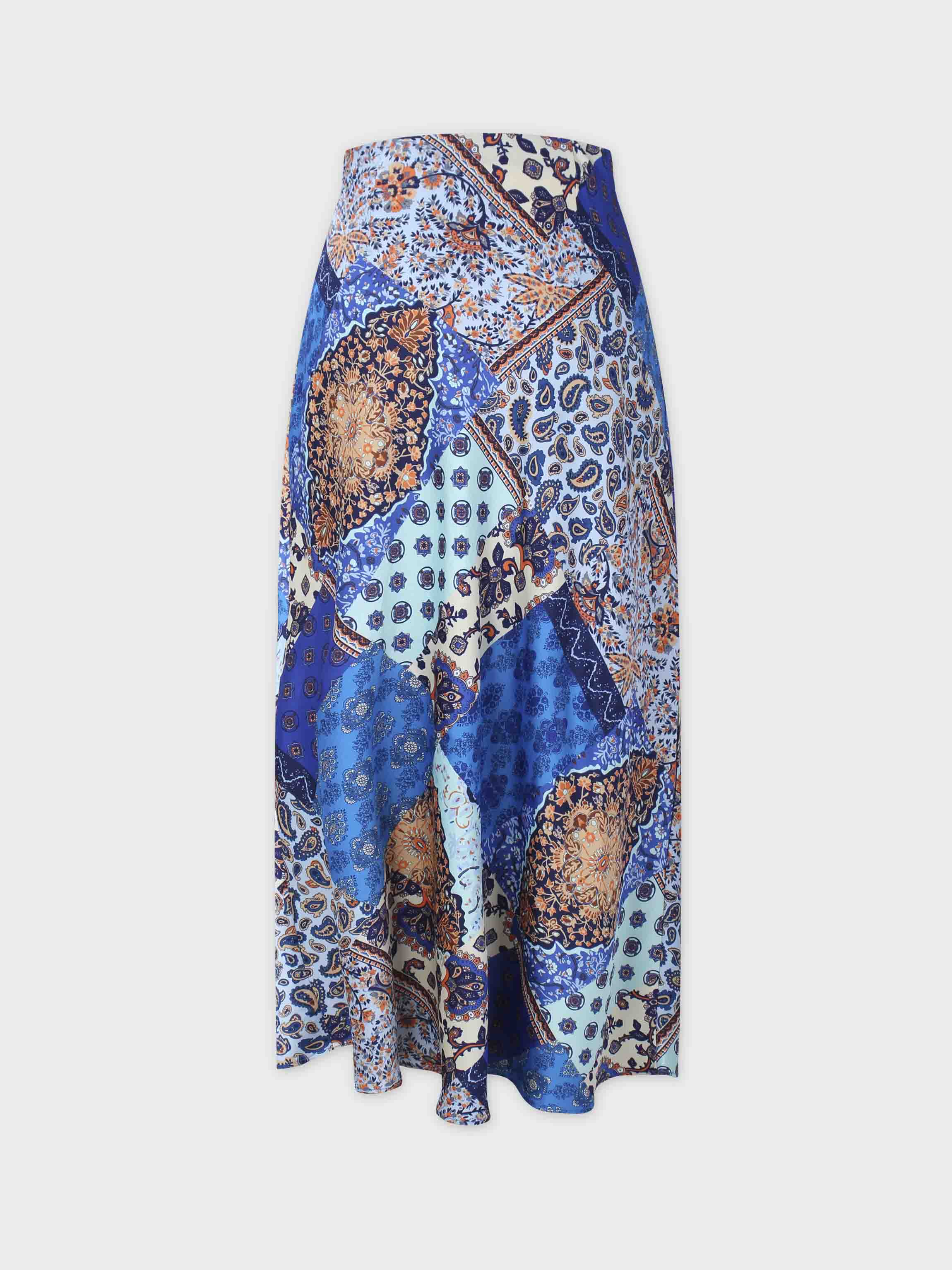 Printed Faux Satin Slip Skirt-Blue Bandana