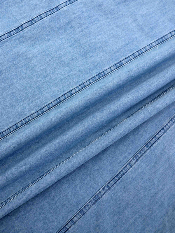 Chambray Seamed Button Down Denim Skirt-Blue