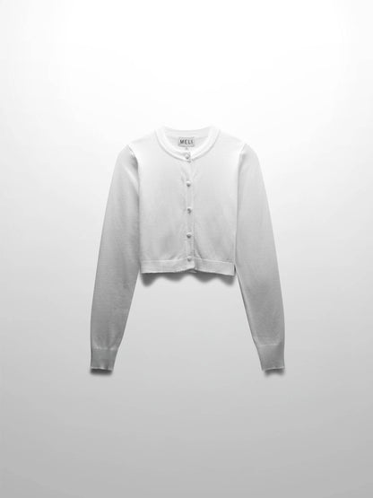 Trim Detail Crew Crop Cardigan-White