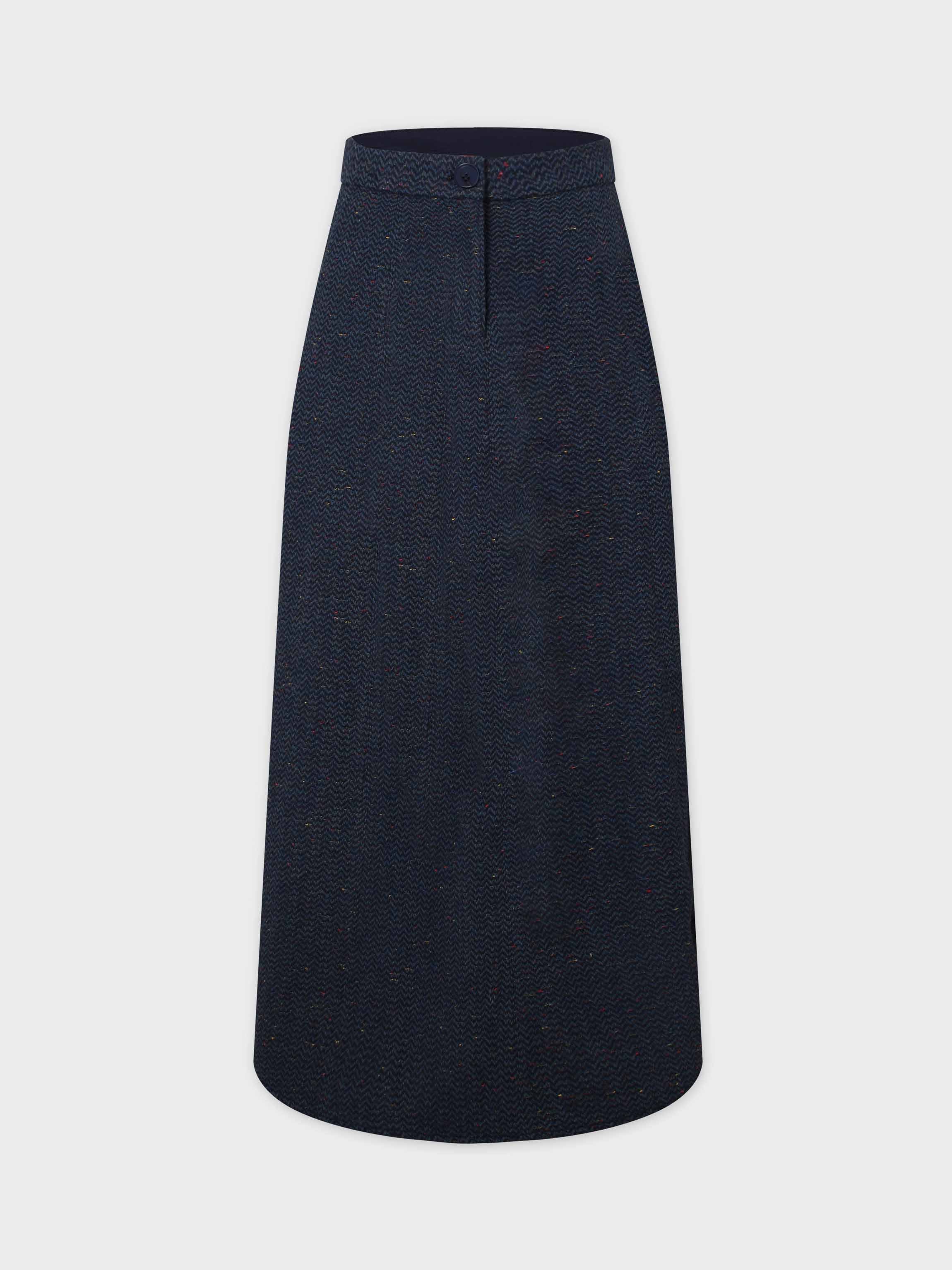 Button Front A-Line Skirt-Blue Herringbone