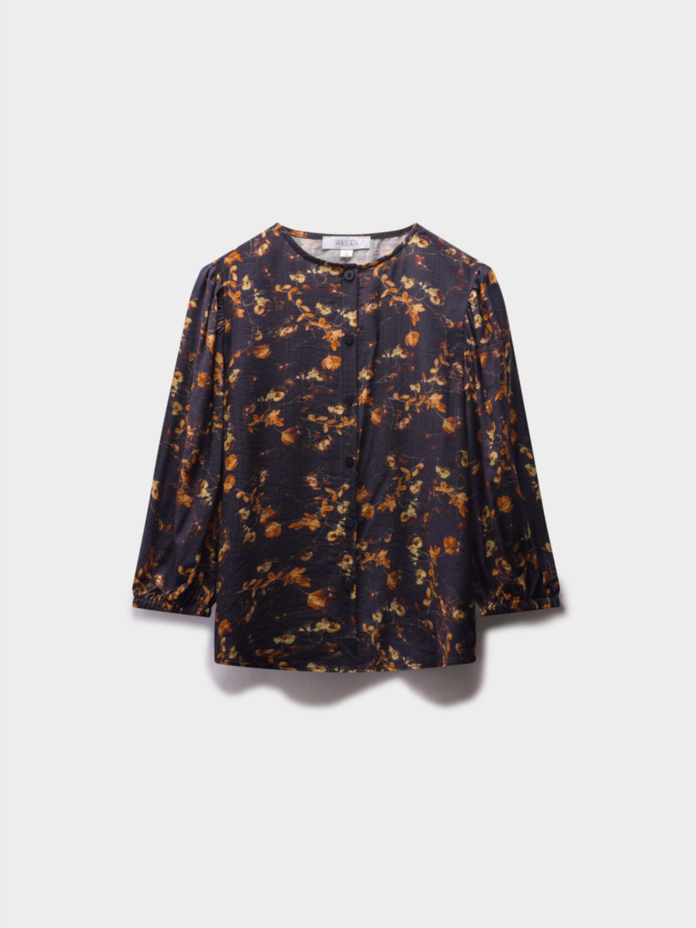 Puff Sleeve Button Down Blouse-Black/Gold Floral