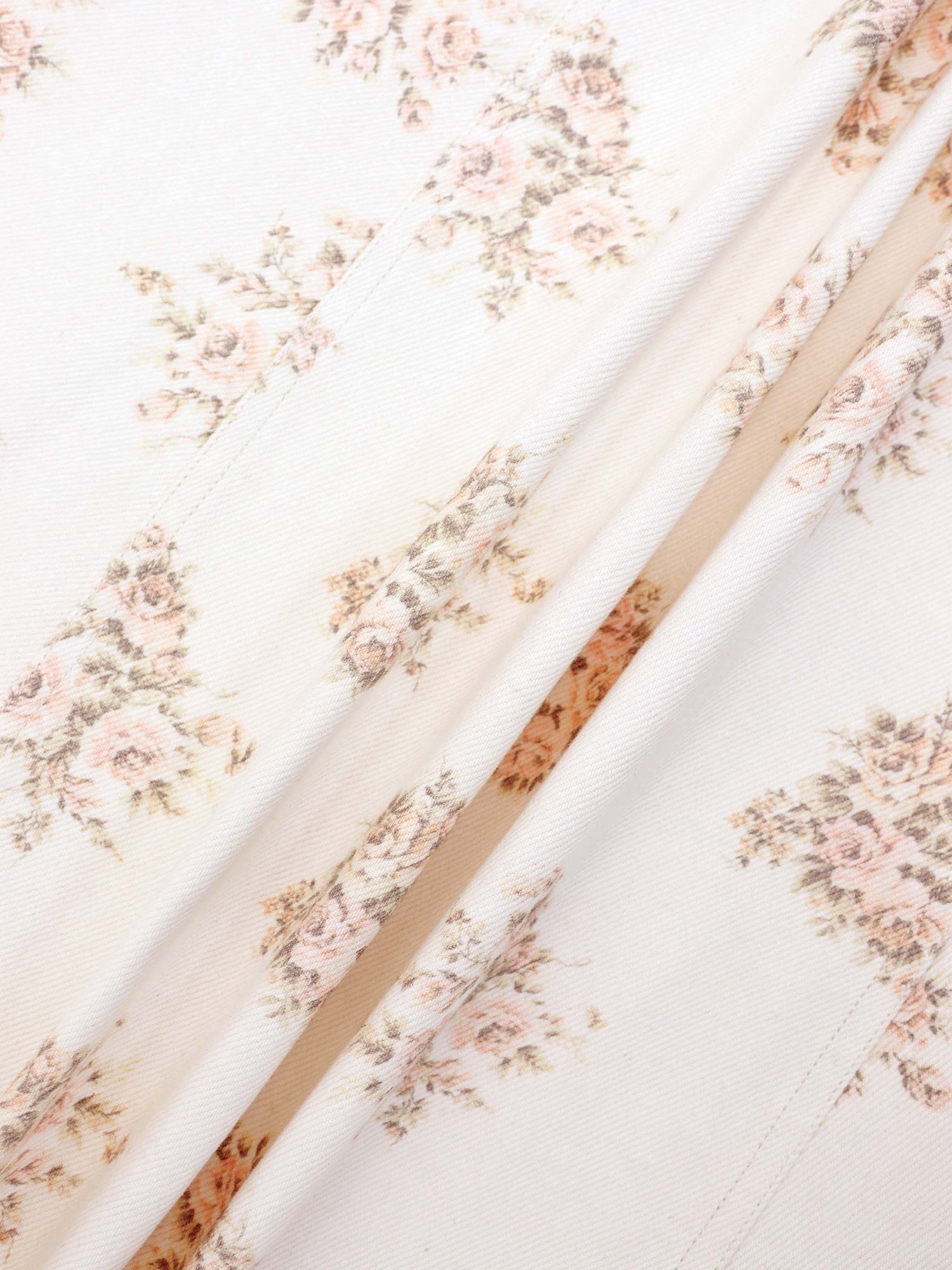 Floral Print Seamed Denim Skirt-White and Pink Floral