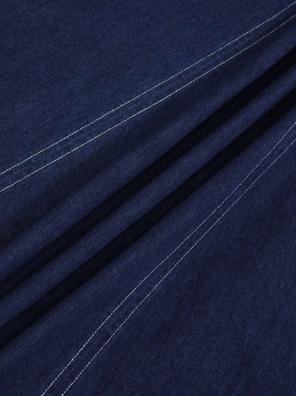 Seamed Bottom Stitched Denim Skirt-Dark Blue