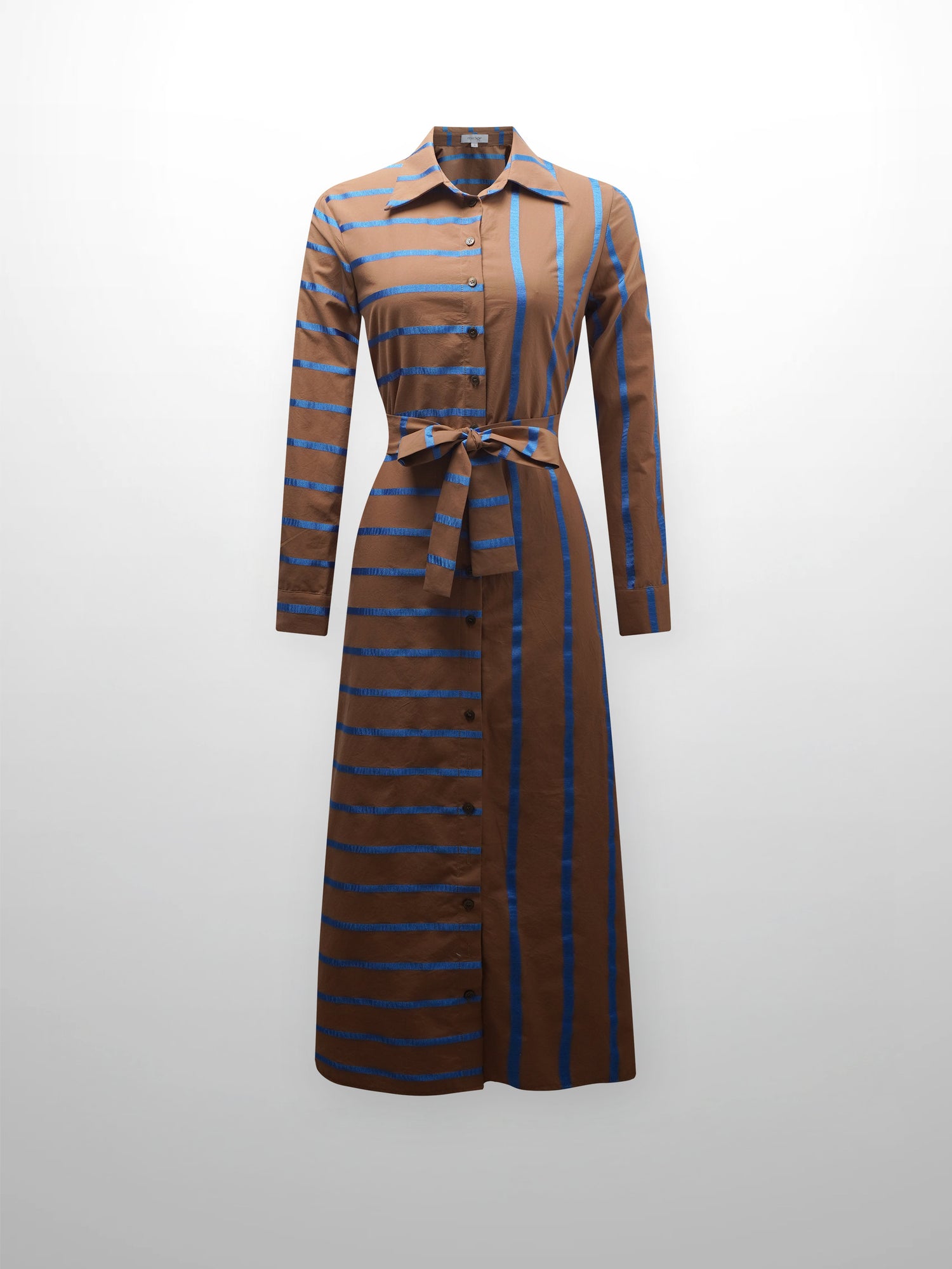 Long Button Down Shirtdress-Brown/Blue Stripe