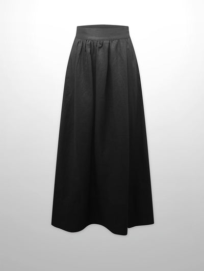Gathered Waist Linen Skirt-Black