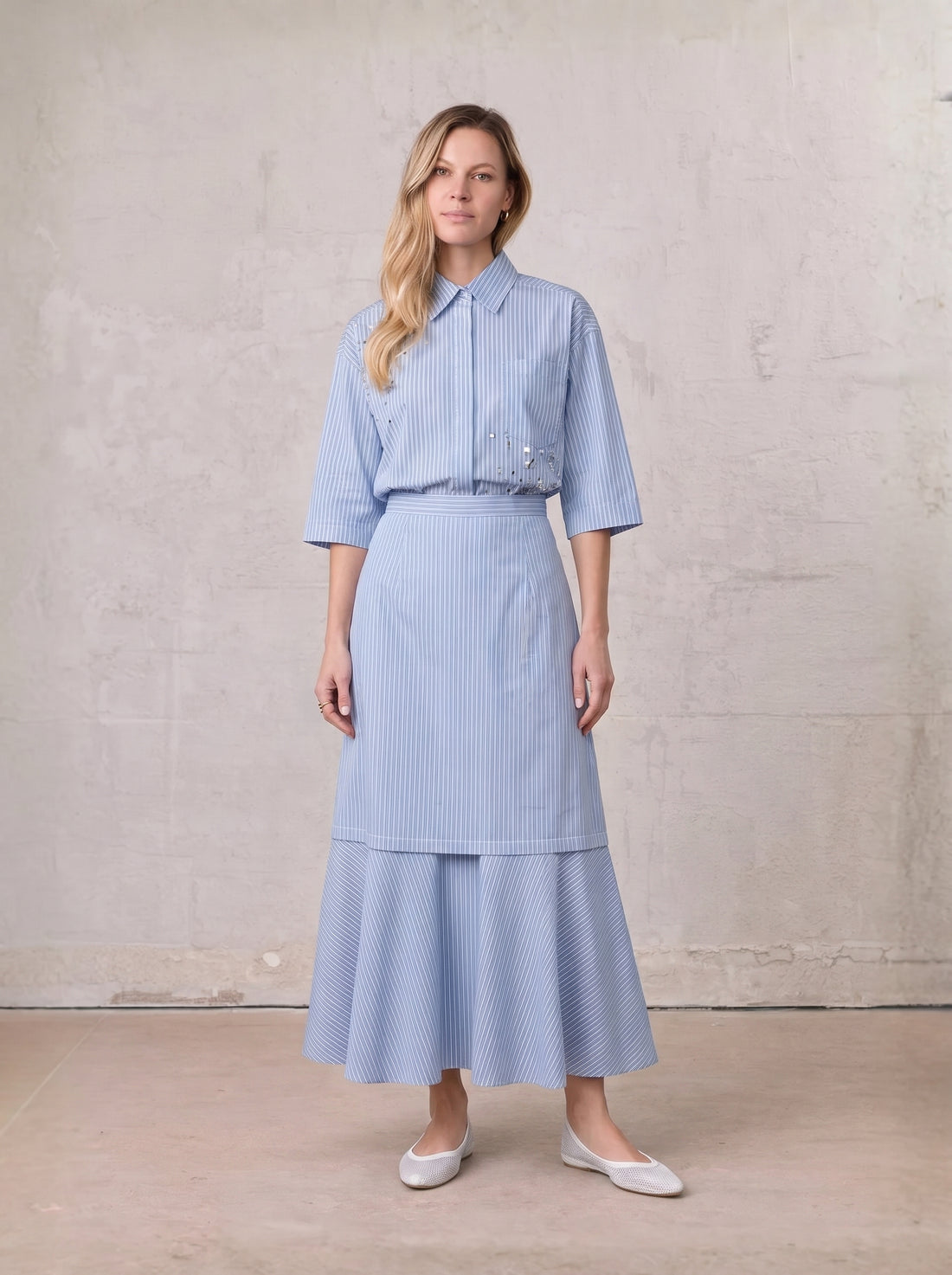 Embelished Pinstripe Crop Blouse-Blue/White