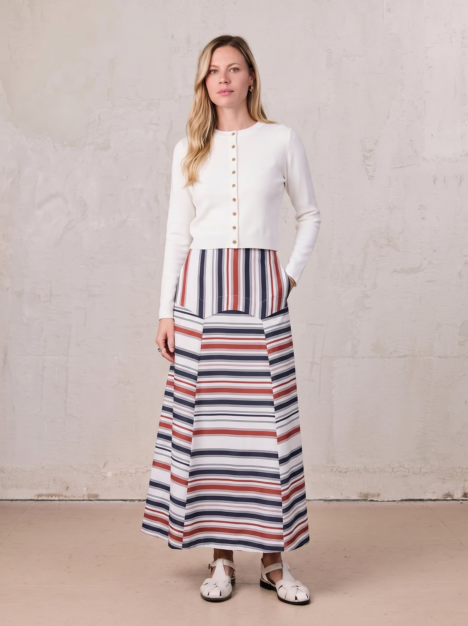 Gold Button Crop Cardigan-White