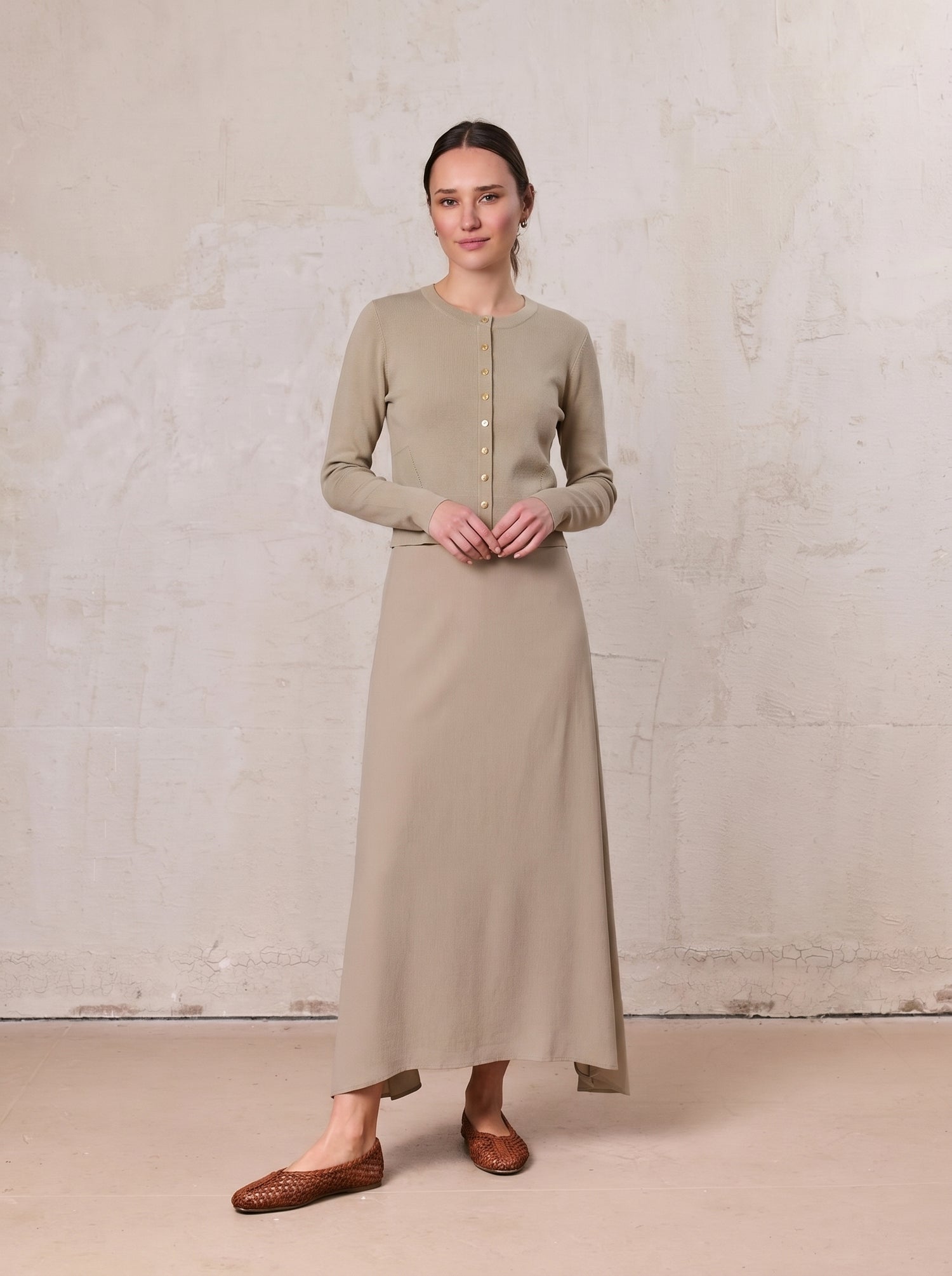 Gold Button Crop Cardigan-Latte