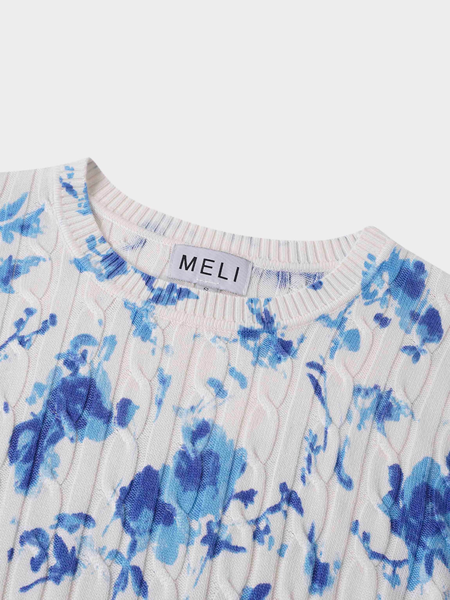 Printed Cable Knit Sweater-Blue Floral