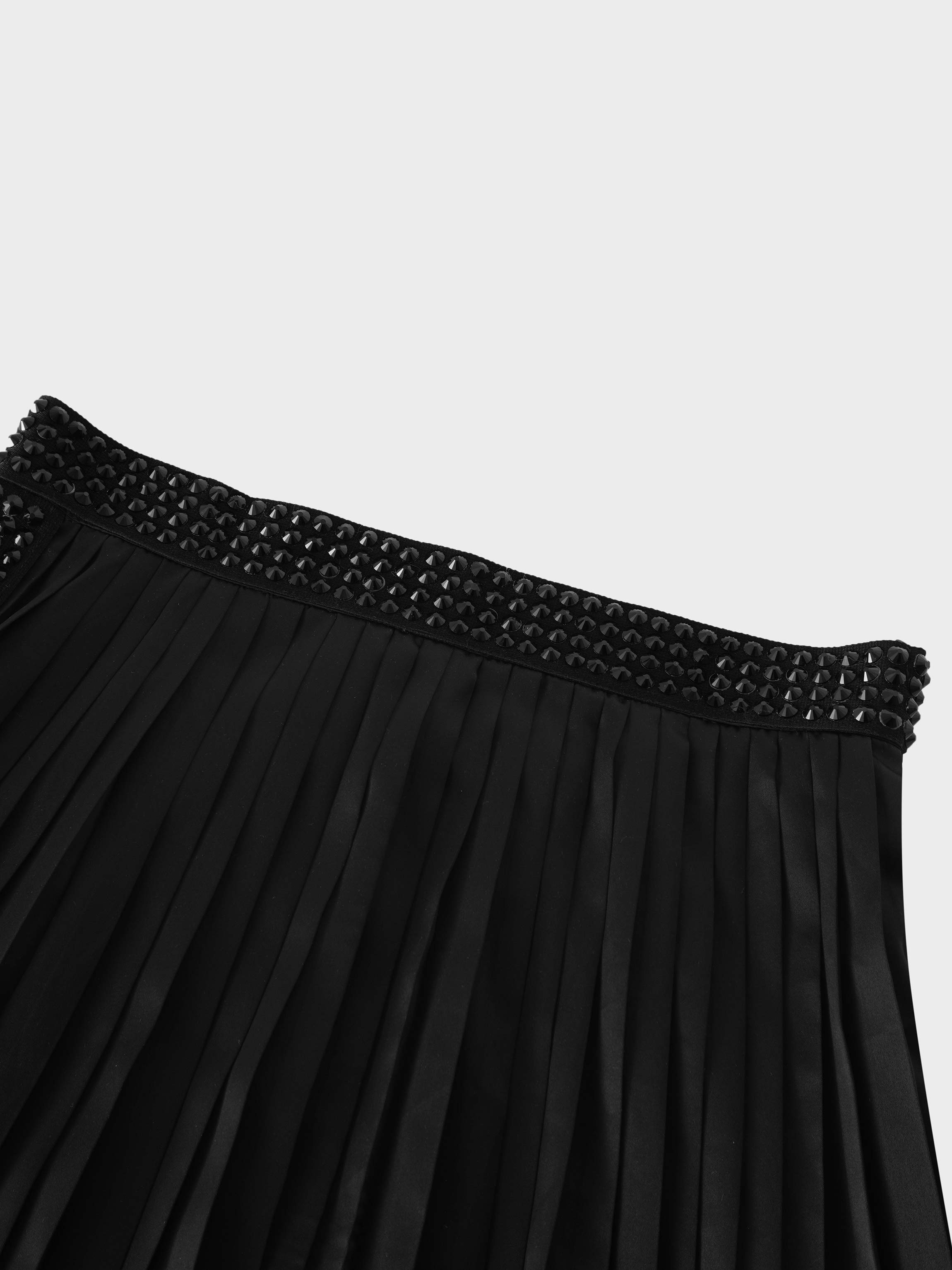 Stone Embellished Faux Satin Pleated Skirt-Black