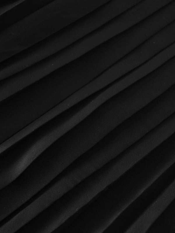 Stone Embellished Faux Satin Pleated Skirt-Black