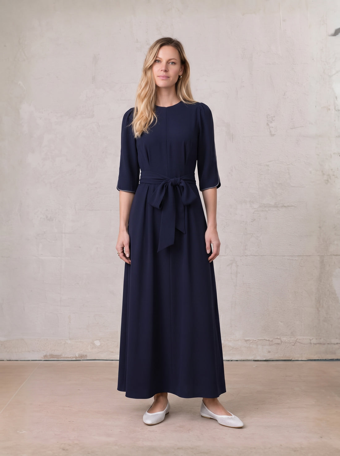 Tulip Sleeve Tie Back Dress-Navy