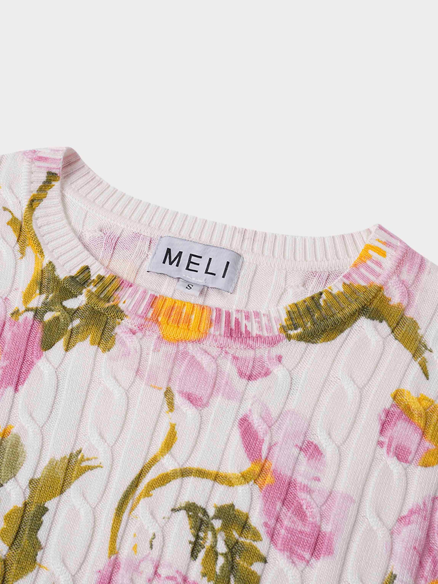 Printed Cable Knit Sweater- Soft Pink Floral