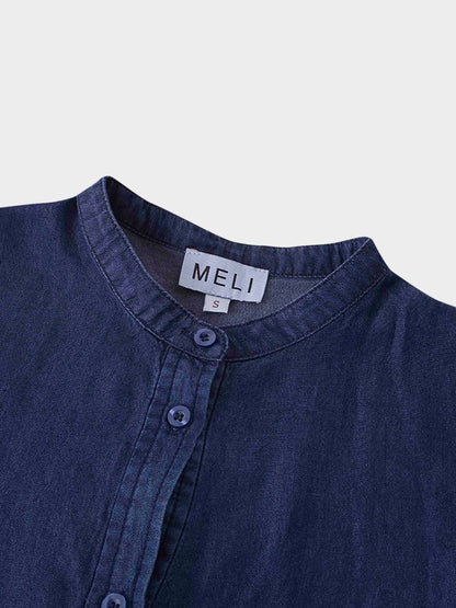 Puff Sleeve Denim Shirtdress-Dark Blue Wash