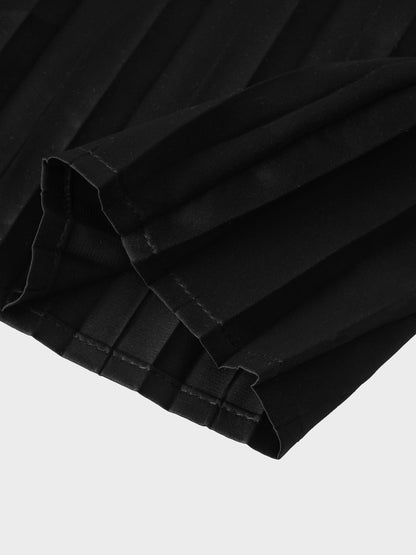 Stone Embellished Faux Satin Pleated Skirt-Black