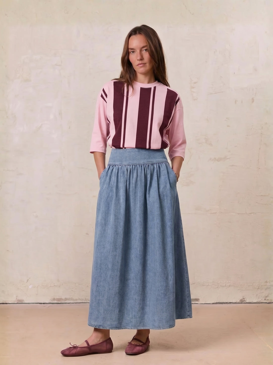 Washed Curved Yoke Denim Skirt-Light Blue