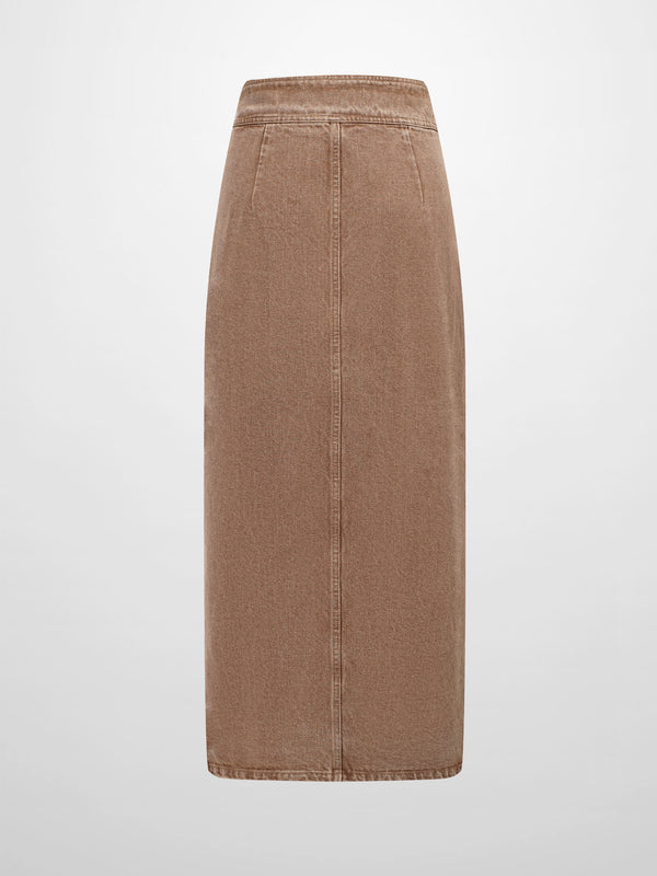 Button Down Denim Skirt-Brown