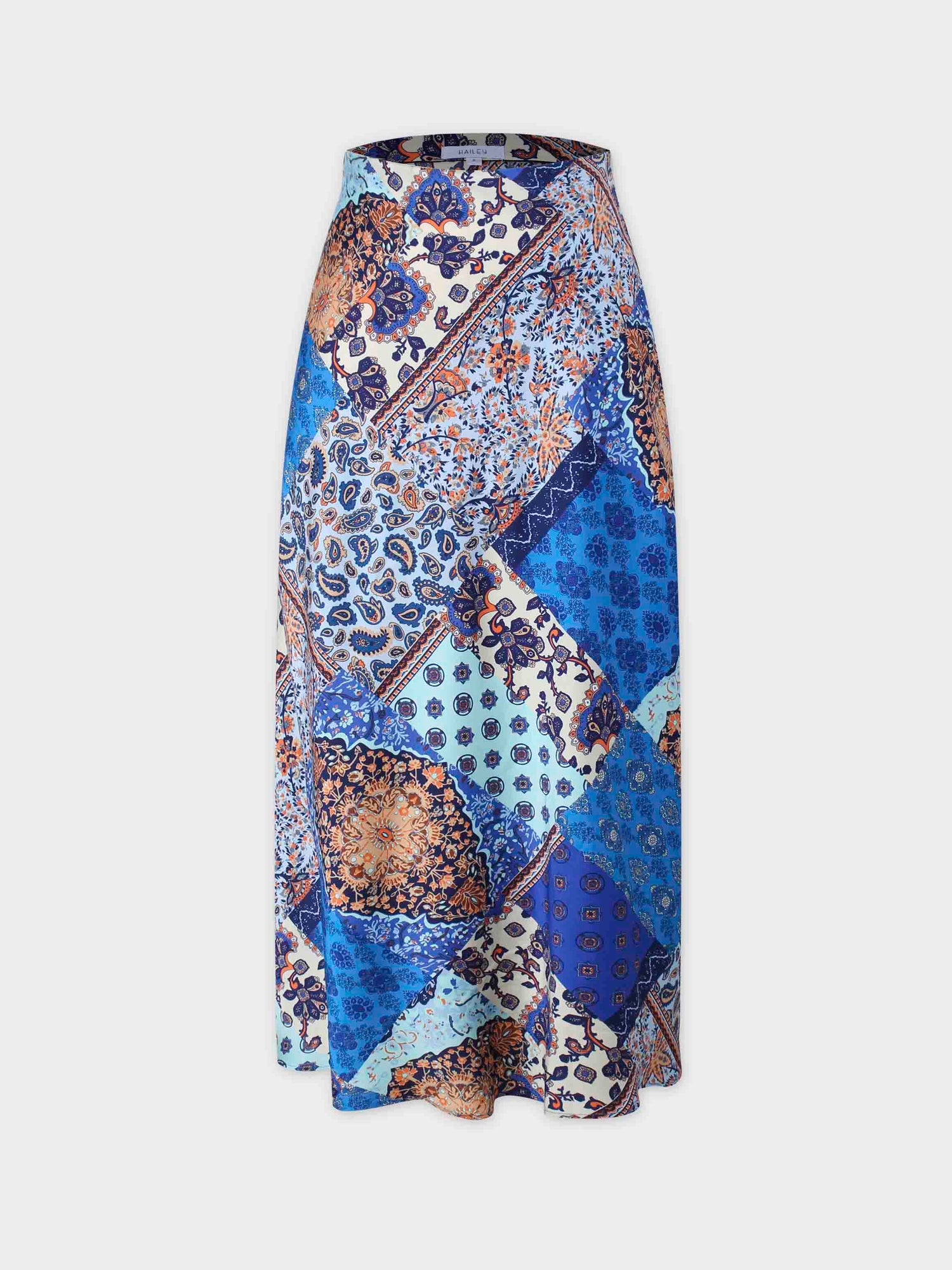 Printed Faux Satin Slip Skirt-Blue Bandana