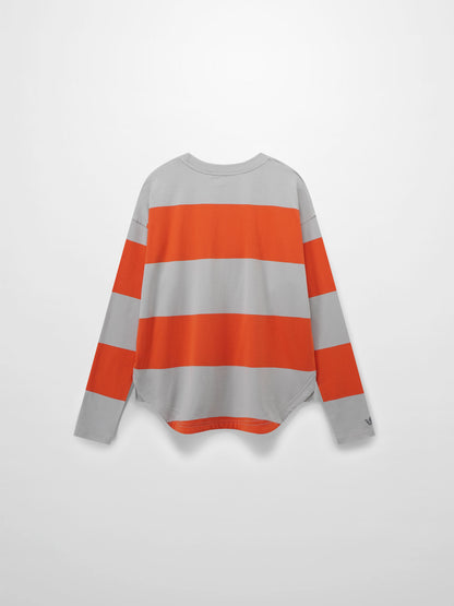 Back of a grey and orange striped long-sleeve shirt.