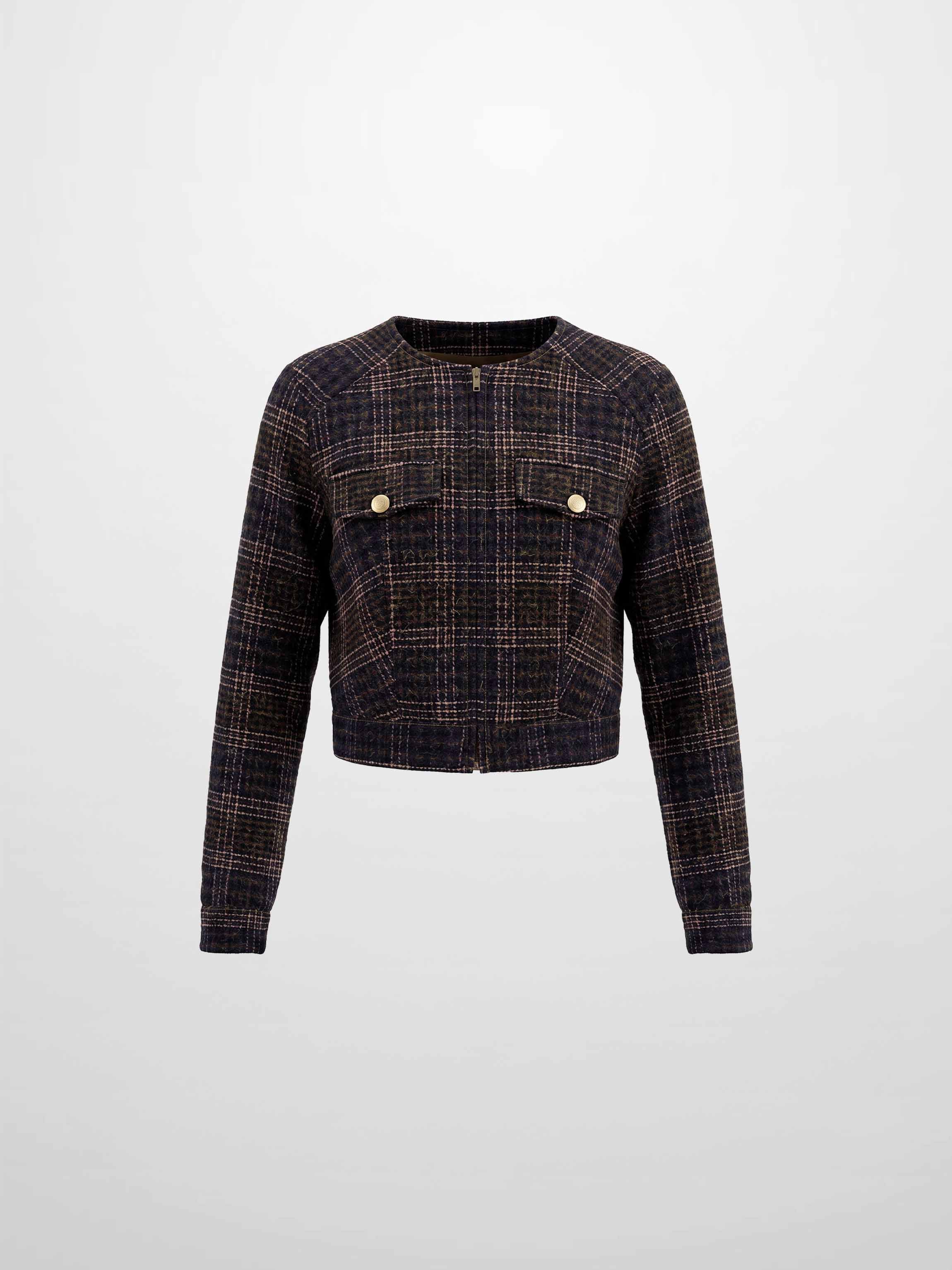 Plaid Crop Bomber Jacket - Pink Plaid