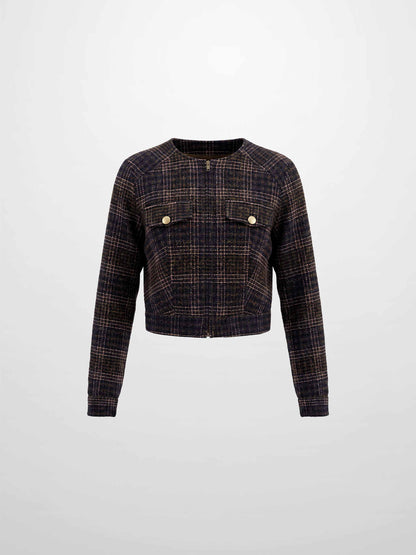Plaid Crop Bomber Jacket - Pink Plaid