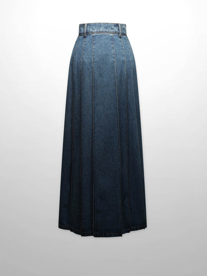 Stitched Pleated Denim Skirt-Blue