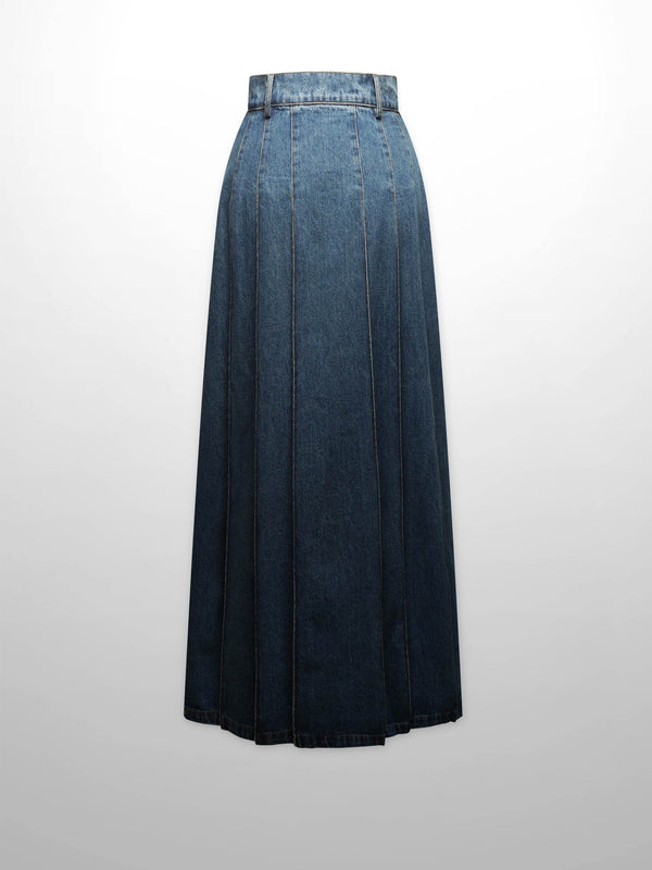 Stitched Pleated Denim Skirt-Blue