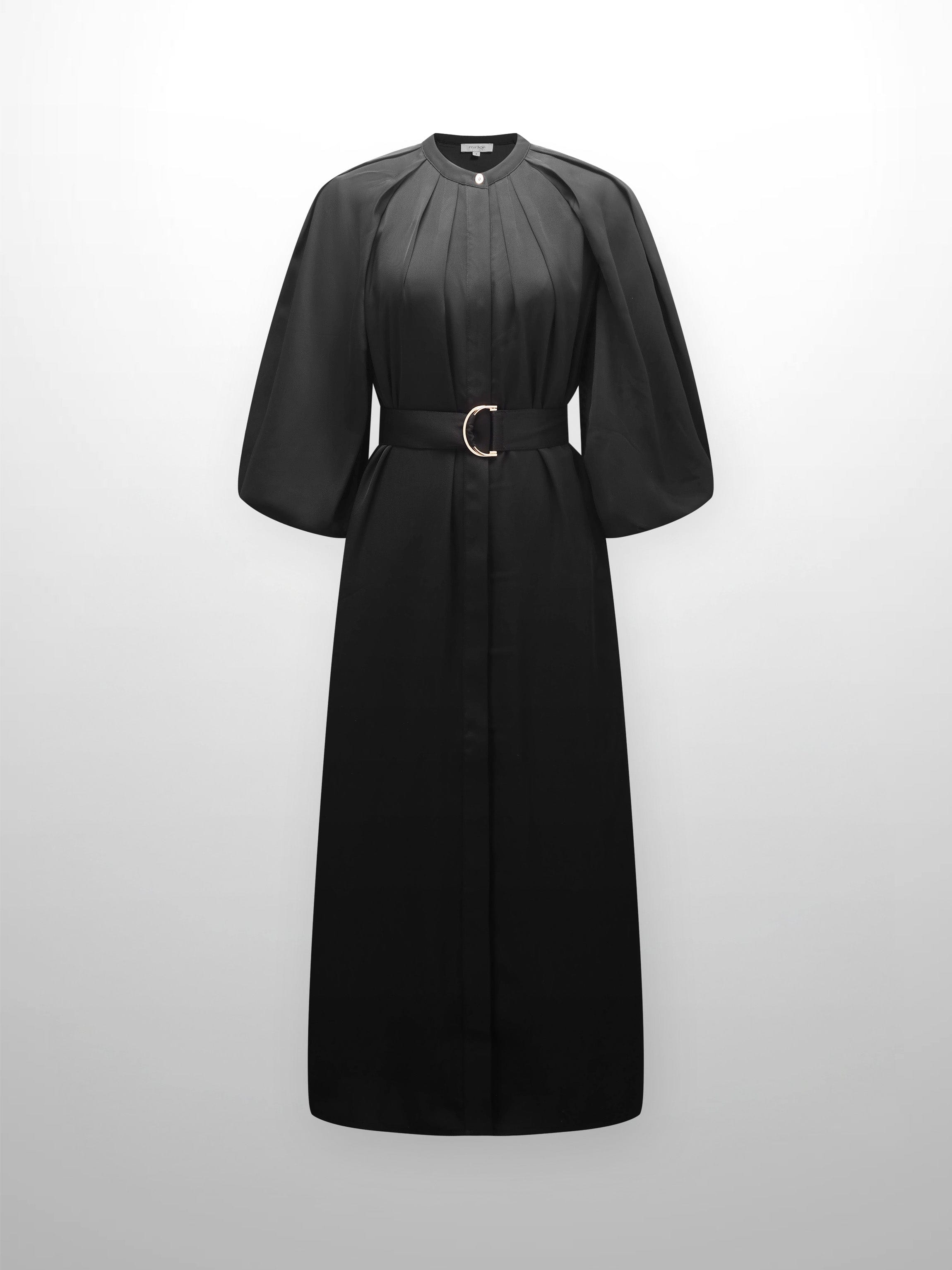 Pleat Neck Belted Dress-Black