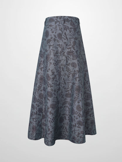 Floral Yoke Denim Skirt - Blue Floral