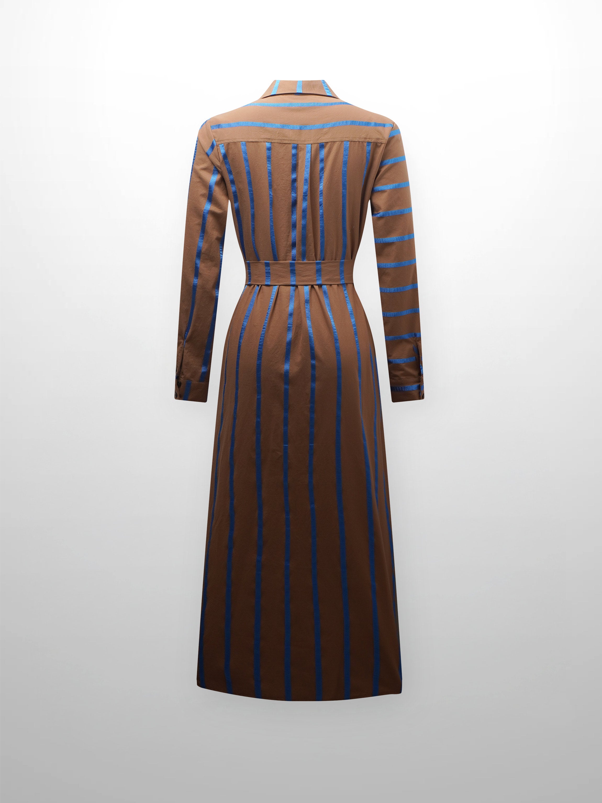 Long Button Down Shirtdress-Brown/Blue Stripe