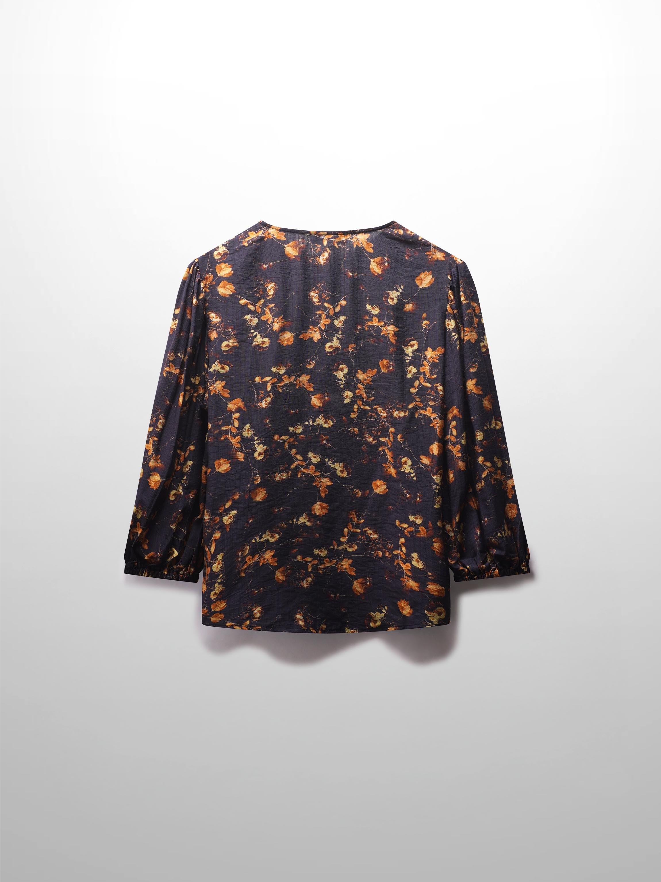 Puff Sleeve Button Down Blouse-Black/Gold Floral