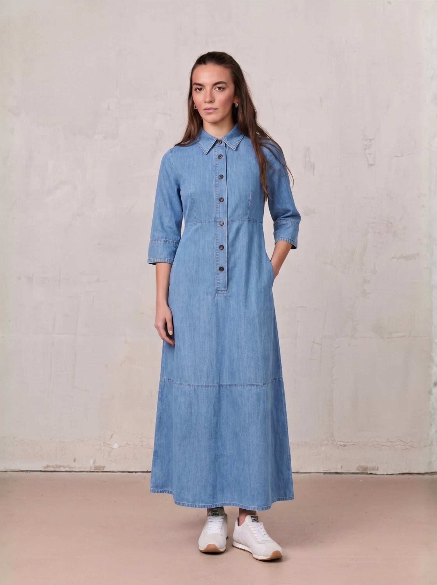 Waisted Lightweight Denim Dress-Blue