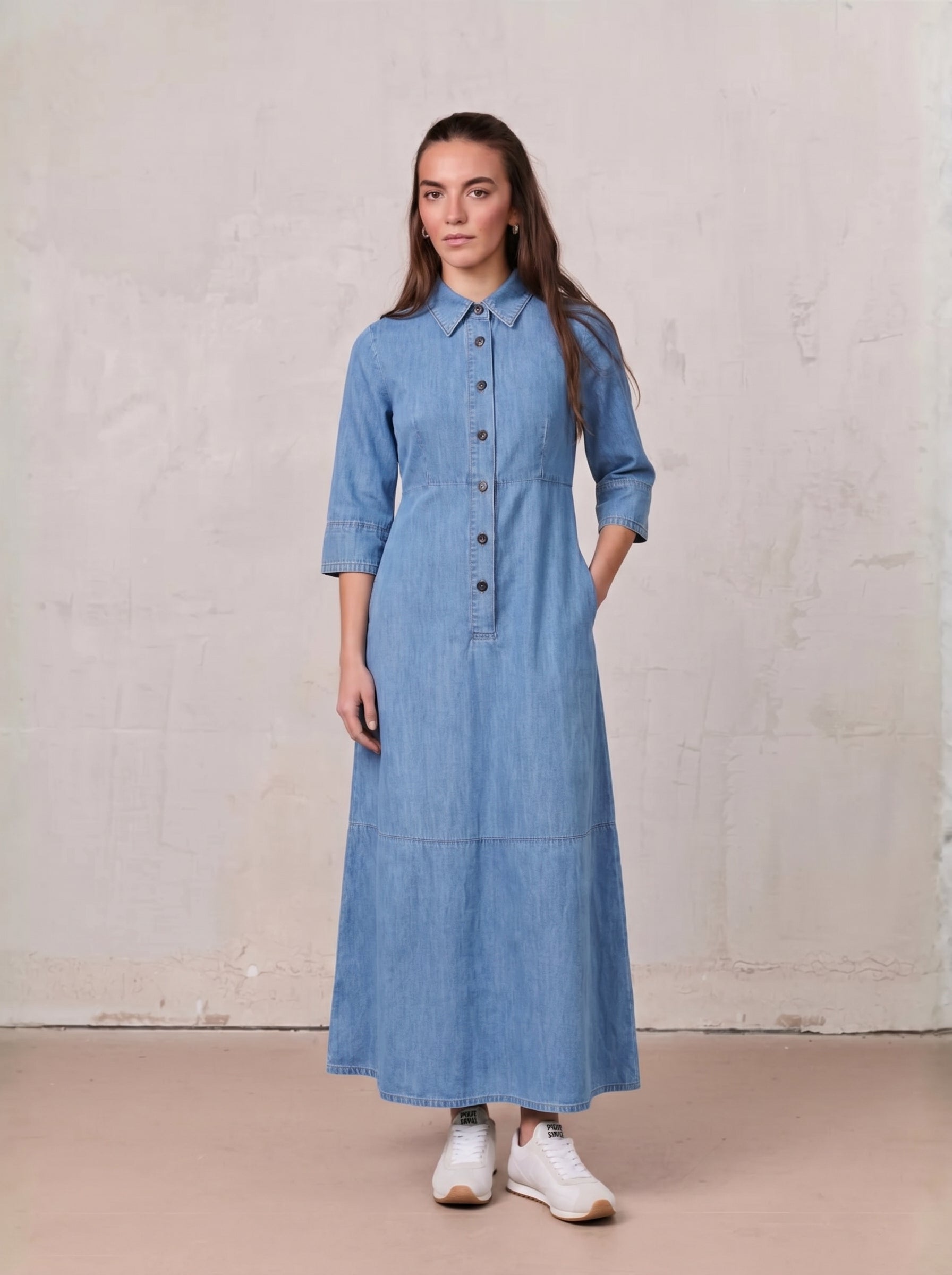 Waisted Lightweight Denim Dress-Blue