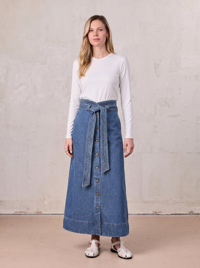 High Waist Button Down Denim Skirt-Blue