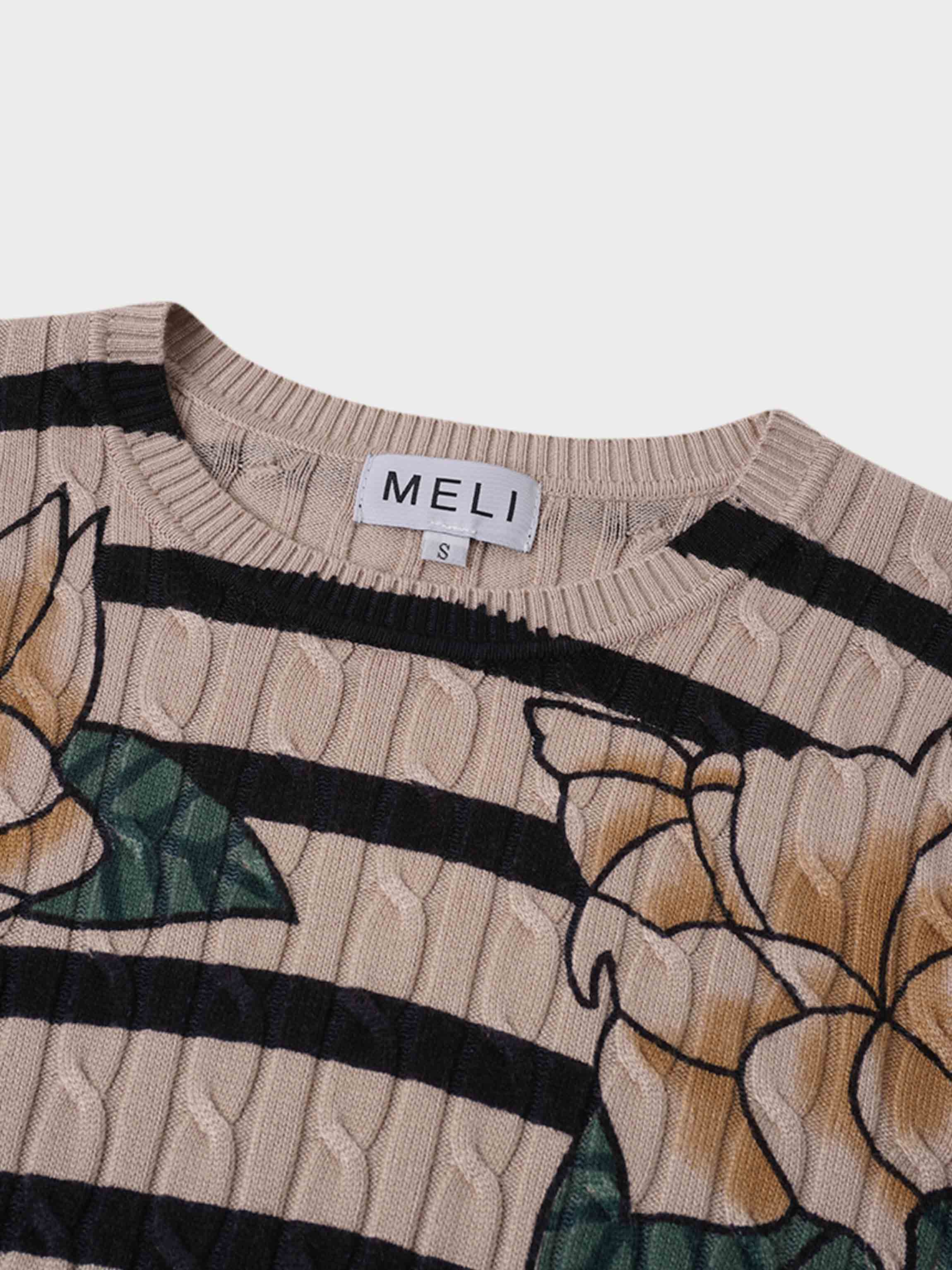 Printed Cable Knit Sweater-Striped Floral