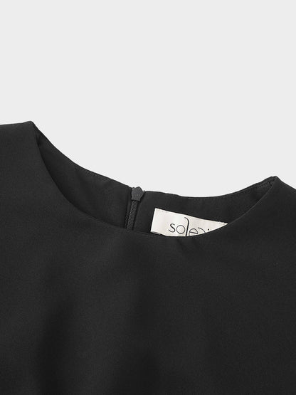 Faux Satin Crew Neck Slip Dress-Black
